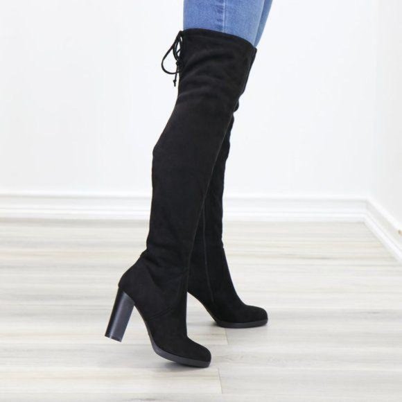Tie Back Over Knee Heeled Sleek Boots Suede Black - Picture 6 of 15